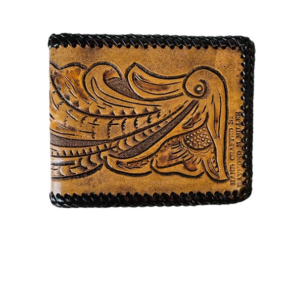 Hand Crafted Leather Wallet Tooled Floral Design Bifold‎ - Picture 1 of 8